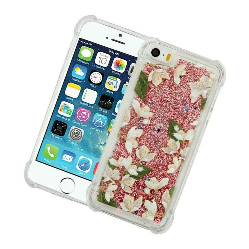Iphone Se 5S Floating Water Liquid Pink Glitter Confetti Case White Flowers