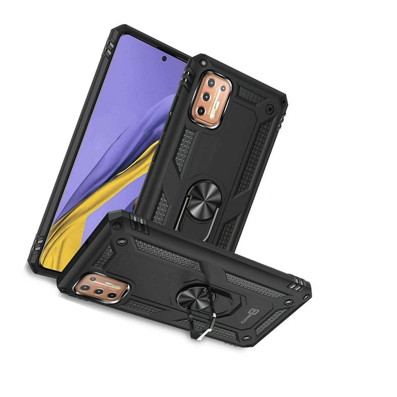 For Motorola Moto G9 Plus Case Ring Metal Kickstand Rugged Black Phone Cover