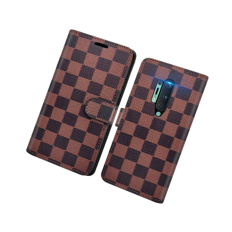 Brown Checker Rfid Blocking Leather Cover Wallet Phone Case For Oneplus 8 Pro