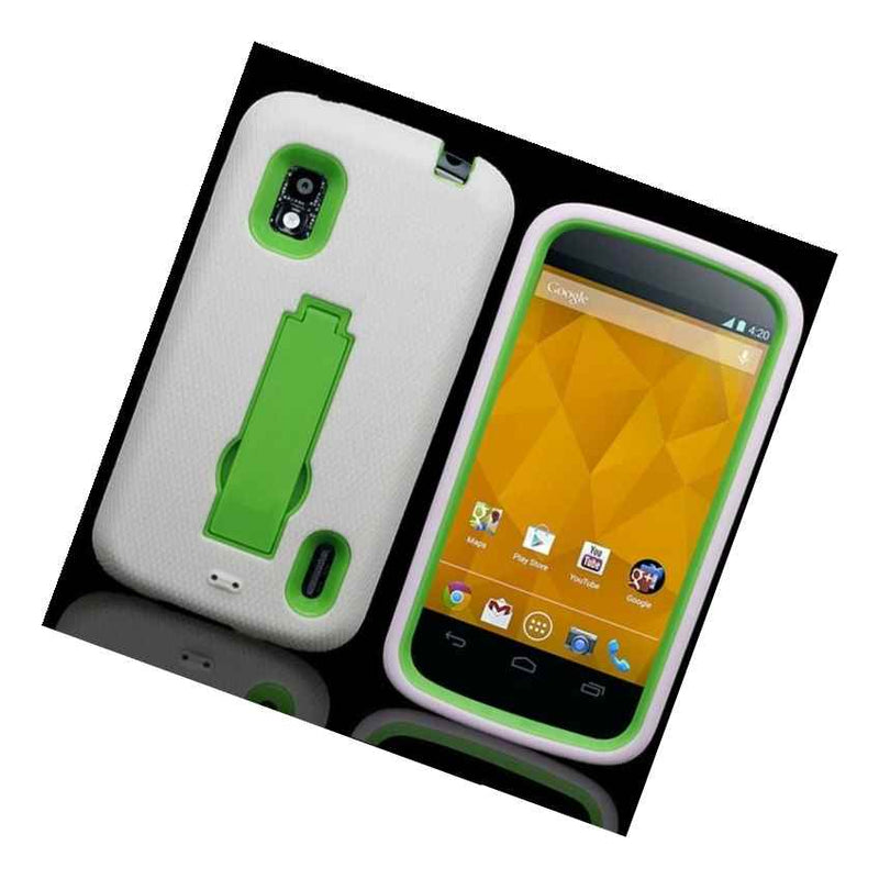 Soft White Hard Neon Green Kickstand Case Hybrid Cover For Lg Google Nexus 4