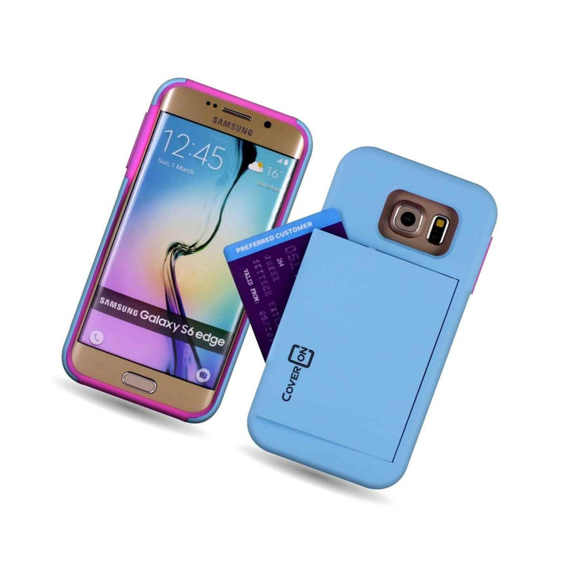 For Samsung Galaxy S6 Edge Case Light Blue Hot Pink Tough Credit Card Cover
