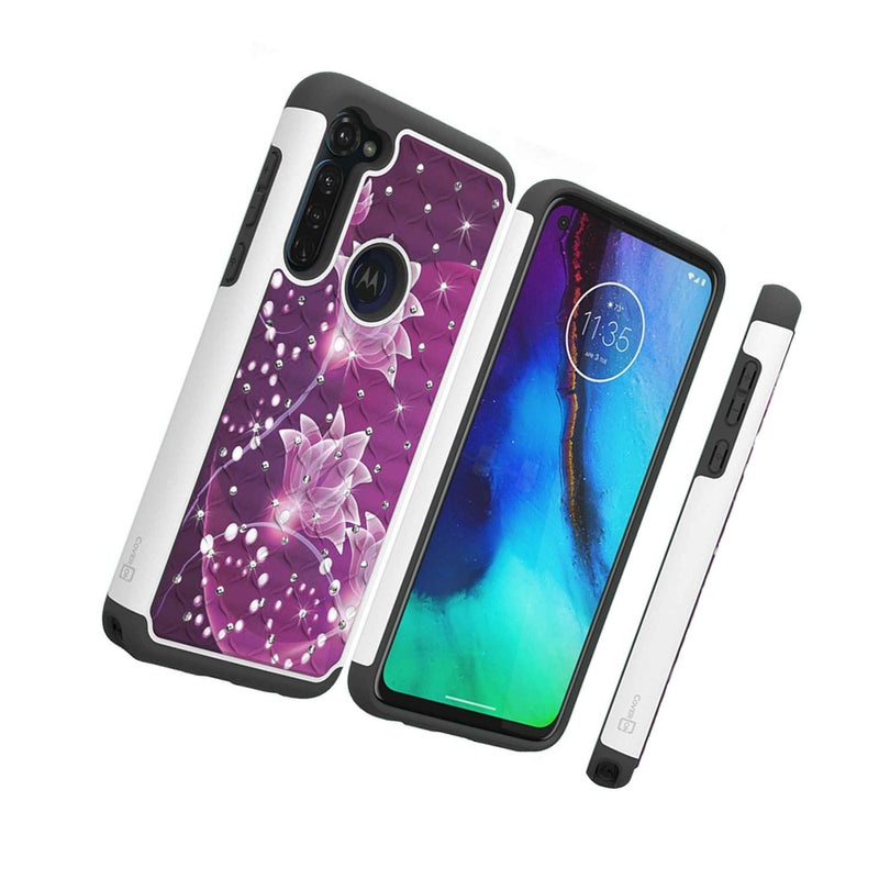 Purple Flower Rhinestone Bling Hard Cover Phone Case For Motorola Moto G Stylus