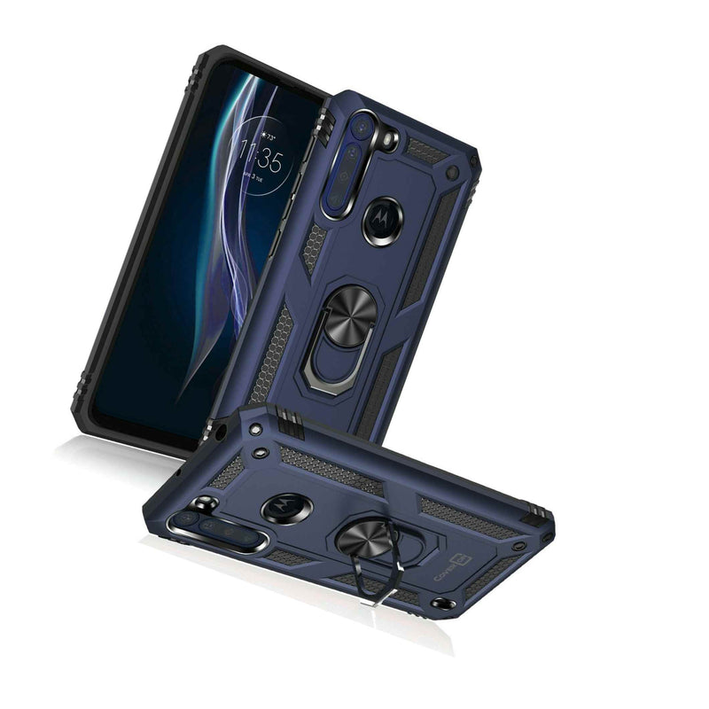 For Motorola One Fusion Case Metal Ring Kickstand Navy Blue Hard Phone Cover