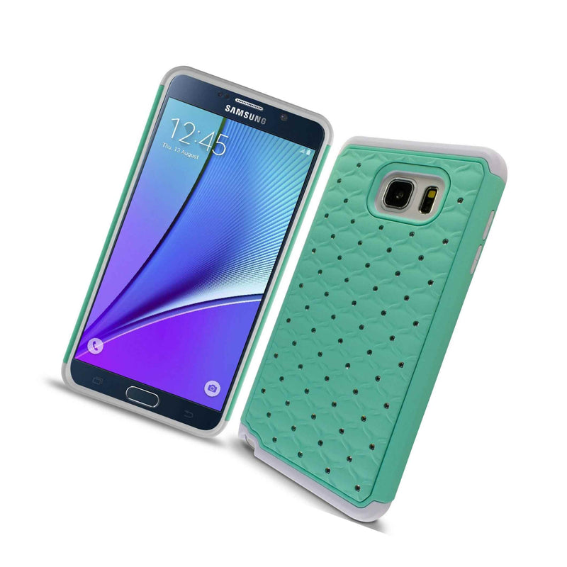 For Samsung Galaxy Note 5 Case Teal White Hybrid Diamond Bling Skin Cover