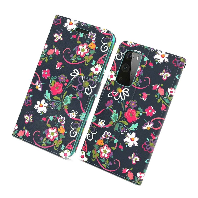 Navy Floral Rfid Blocking Pu Leather Wallet Card Phone Case For Oneplus 9 Pro