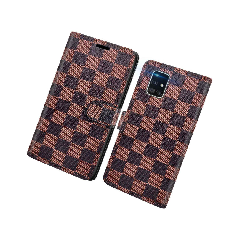 Brown Checker Rfid Blocking Leather Wallet Phone Case For Samsung Galaxy A51 5G