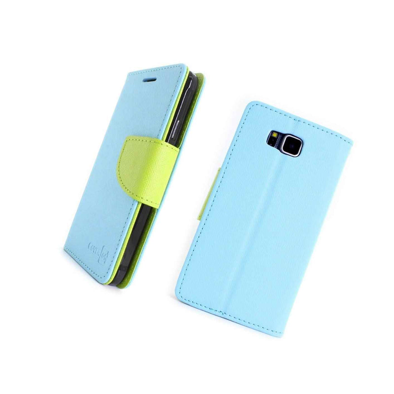 Coveron For Samsung Galaxy Alpha Wallet Light Blue Neon Green Card Folio