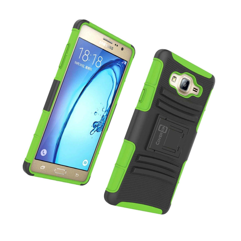 For Samsung Galaxy On7 Belt Clip Case Neon Green Black Holster Hybrid Cover