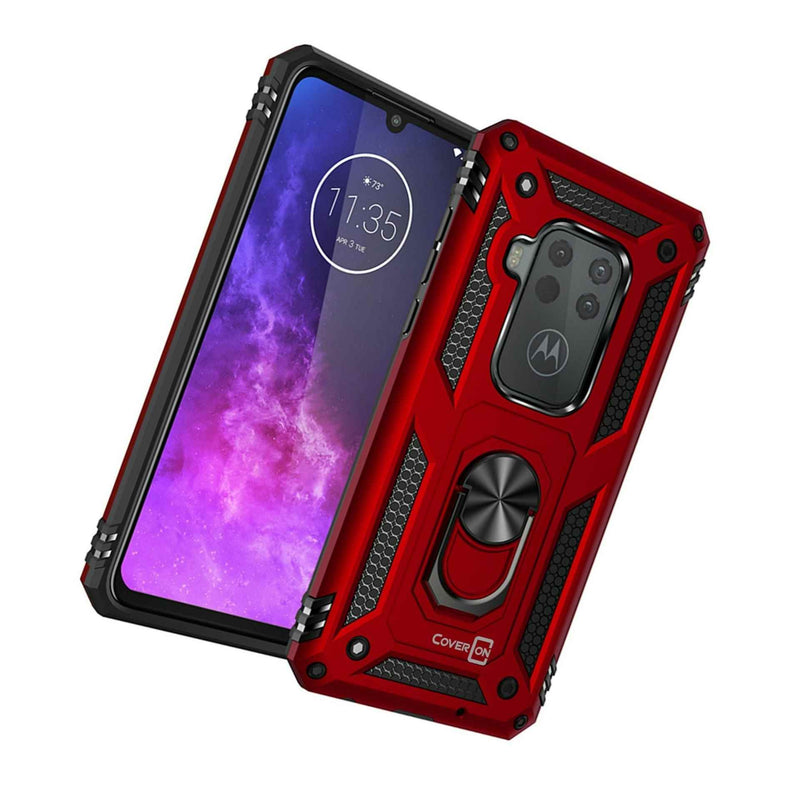 For Motorola One Zoom Case Ring Metal Plate Kickstand Red Hard Phone Cover