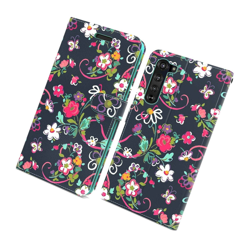 Navy Floral Rfid Pu Leather Wallet Cover Phone Case For Motorola Moto Edge