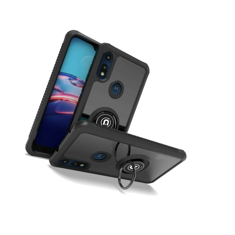 Black Phone Case For Motorola Moto E 2020 Hard Cover W Grip Ring Kickstand