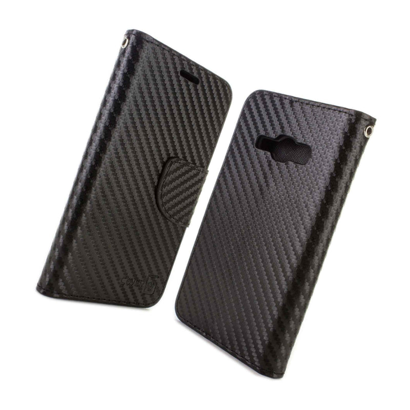For Samsung Galaxy J1 Ace Wallet Case Black Carbon Fiber Design Folio Pouch