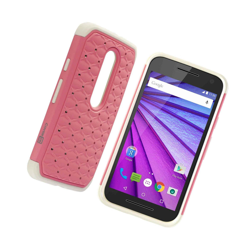 For Motorola Moto G 3Rd Gen 2015 Case Light Pink White Diamond Bling Cover