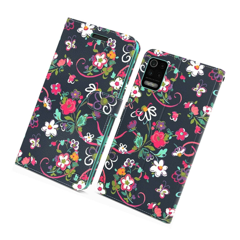 Navy Floral Rfid Blocking Pu Leather Wallet Cover Phone Case For Lg K52 K62 Q52