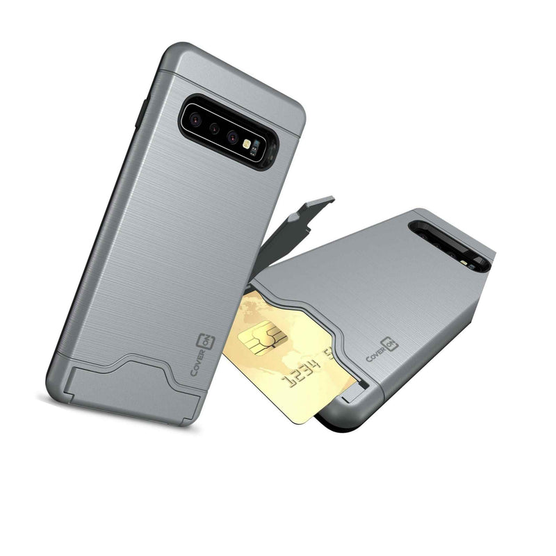 Gray Hard Hybrid Case For Samsung Galaxy S10 Kickstand Credit Card Phone Cover