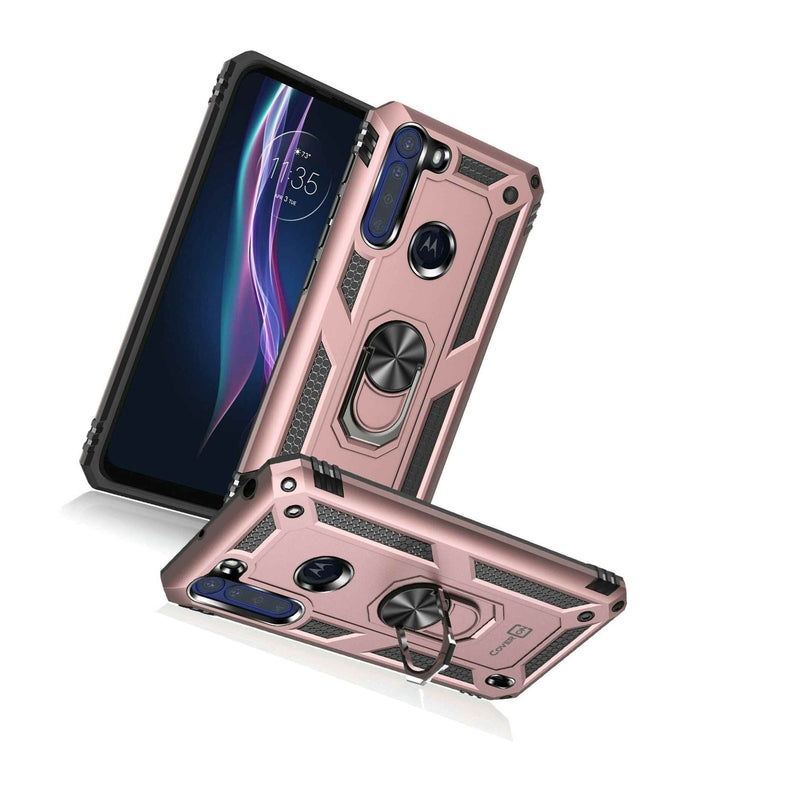 For Motorola One Fusion Case Metal Ring Kickstand Rose Gold Hard Phone Cover