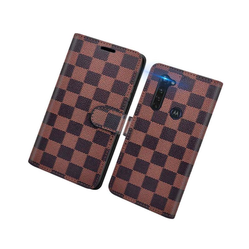 Brown Checker Rfid Pu Leather Cover Wallet Phone Case For Motorola Moto G8 Power
