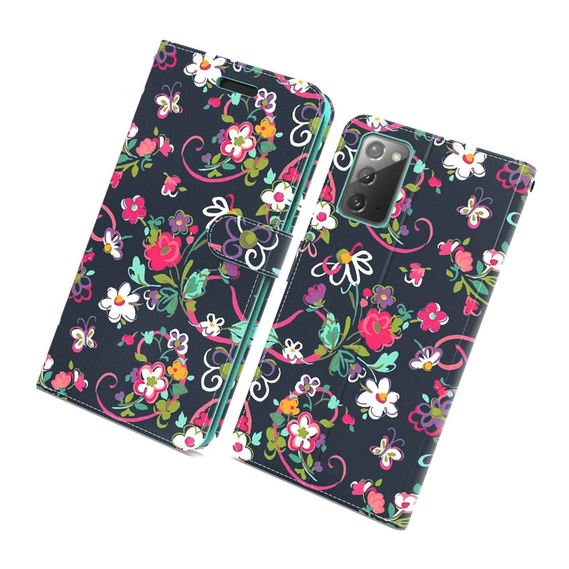 Navy Floral Rfid Pu Leather Wallet Card Phone Case For Samsung Galaxy Note 20
