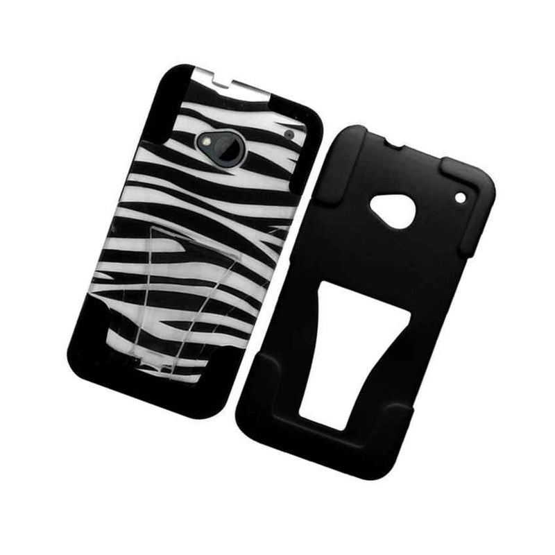 Hard Skin Armor Stand Hybrid Silver Zebra Cover Case For Htc One M7