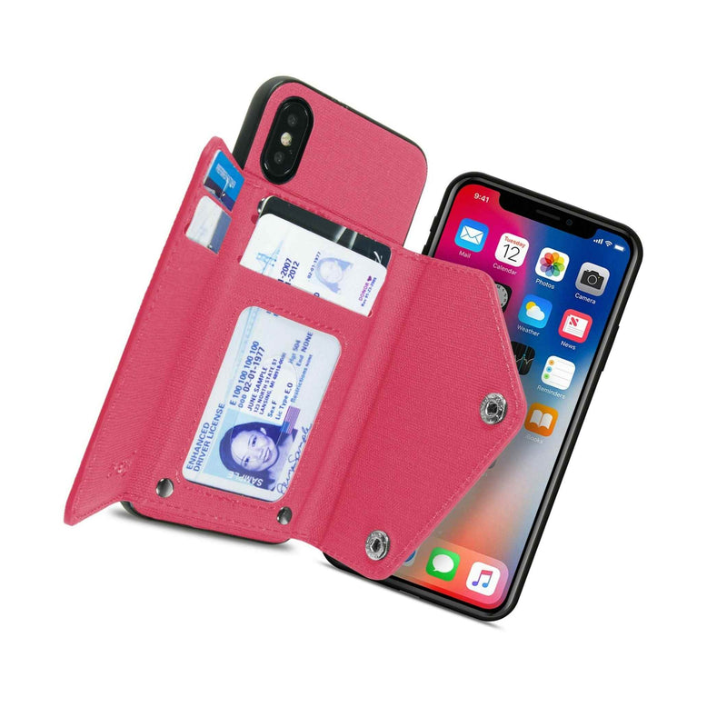 Hot Pink Wallet Case For Apple Iphone Xs X Fabric Credit Card Phone Cover
