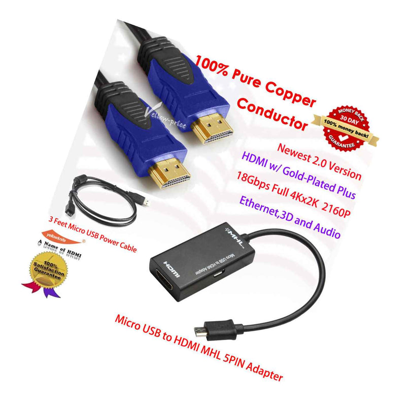 Micro Usb To Hdmi Mhl Adapter W 3Ft Usb Power Cable 6Ft 2160P 2 0V Hdmi Cable