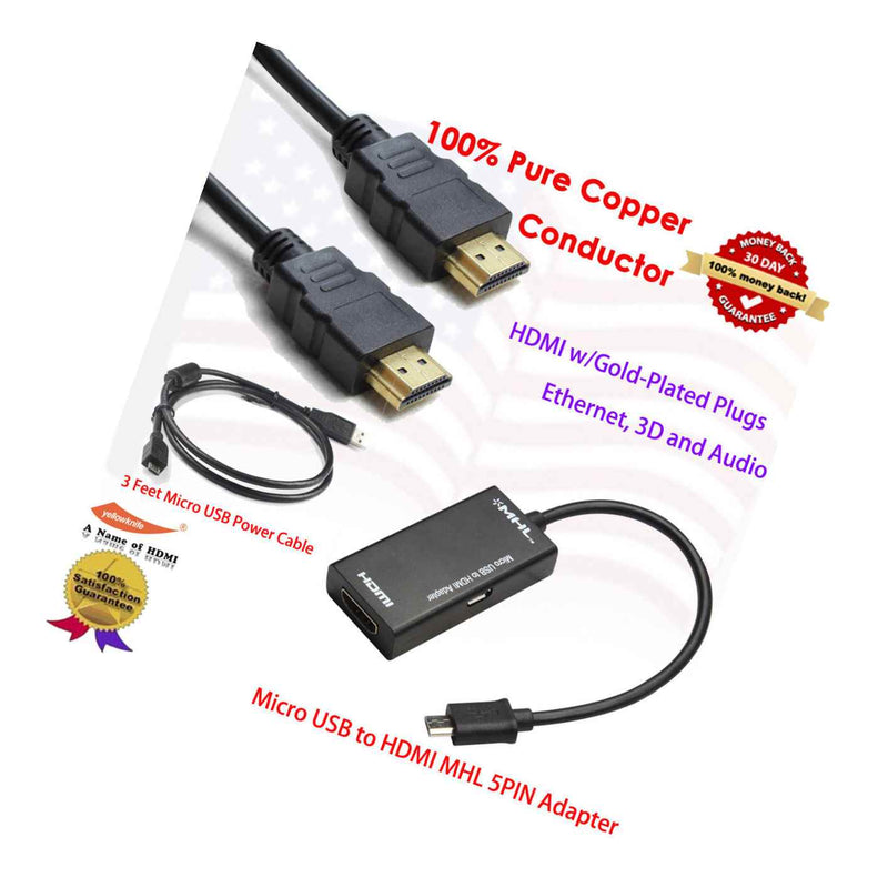 Micro Usb To Hdmi Mhl 5Pin Adapter W 3Ft Usb Power Cable Gold 6Ft Hdmi Cable