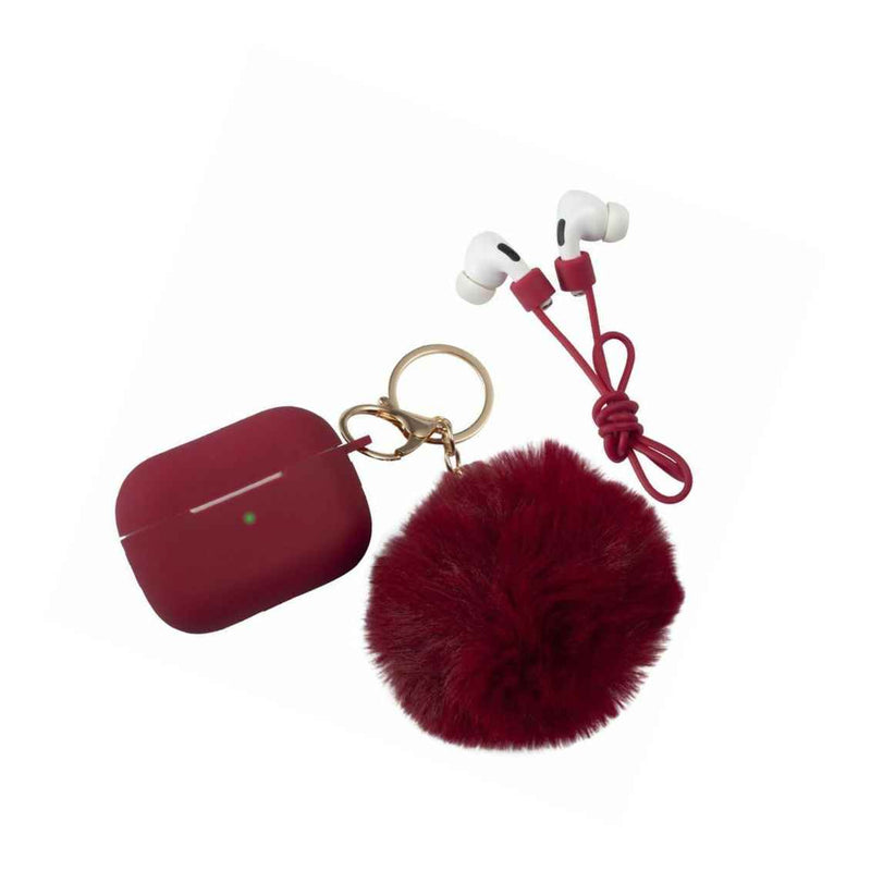 Fluffy Pom Pom Silicone Soft Touch Skin Case Cover For Airpods Pro Wine Red