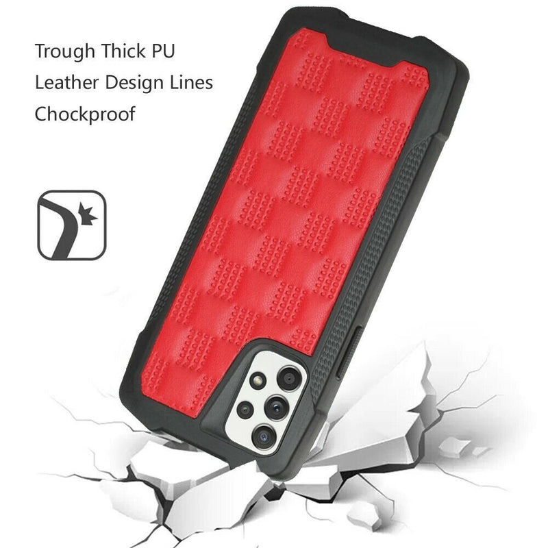 For Samsung Galaxy A52 5G Trough Thick Pu Leather Lines Case Cover Checkered Red