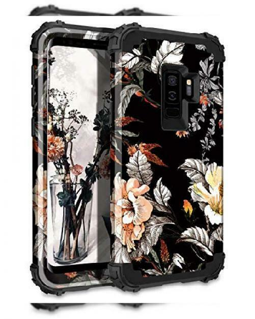 Casetego Compatible Galaxy S9 Plus Case Floral Three Orange Flower Black