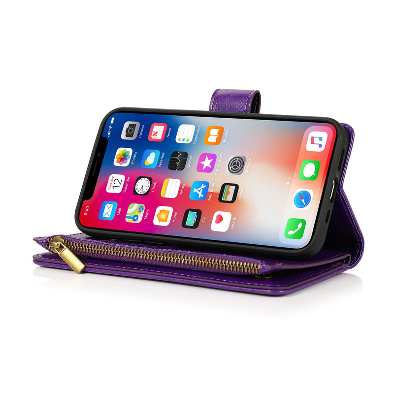 For Apple Iphone Xr Luxury Wallet Card Id Zipper Money Holder Case Dark Purple