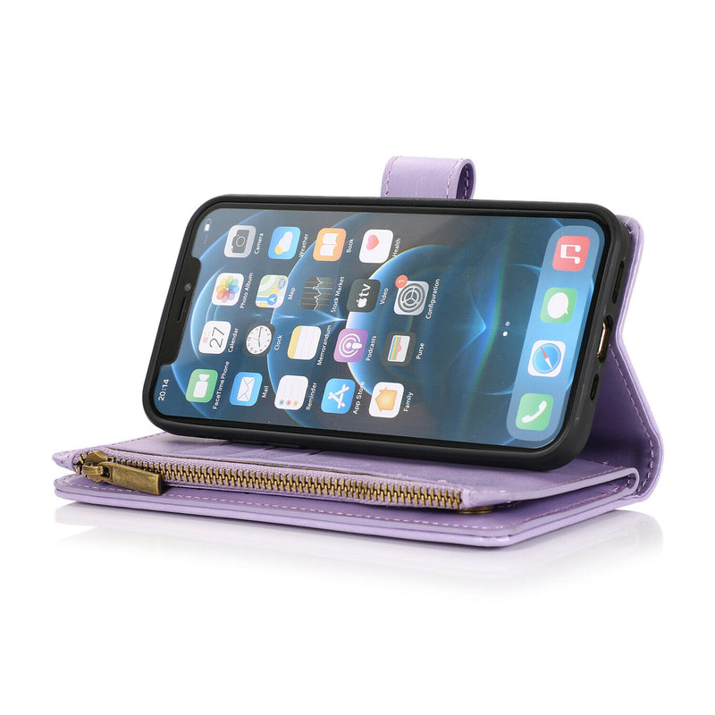 For Apple Iphone Xr Luxury Wallet Card Id Zipper Money Holder Case Lavender