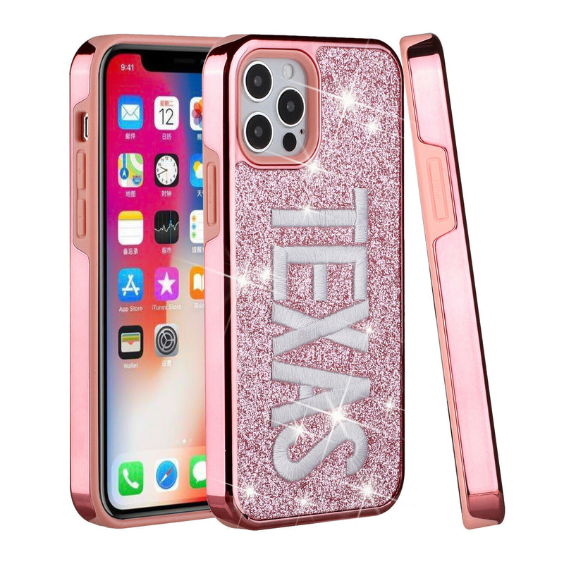 For Apple Iphone Xr Embroidery Bling Glitter Chrome Case Cover Texas On Pink