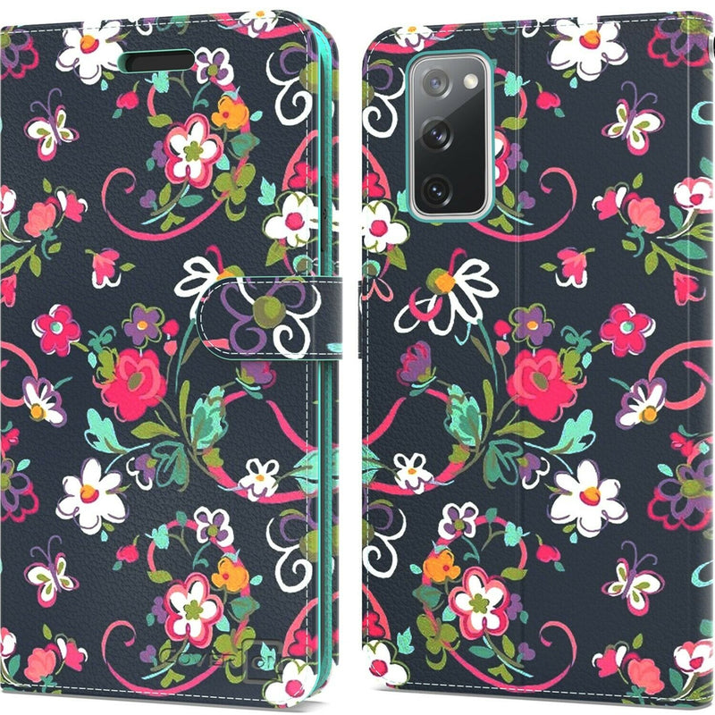 Navy Floral Leather Phone Case For Samsung Galaxy S20 Fe 5G Fan Edition Lite