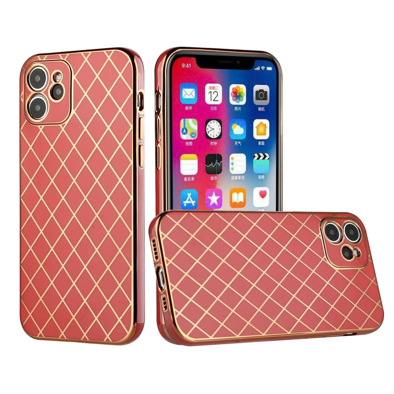 For Iphone 12 Pro Pro Only Electroplated Grid Diamond Lines Tpu Case Cover Red