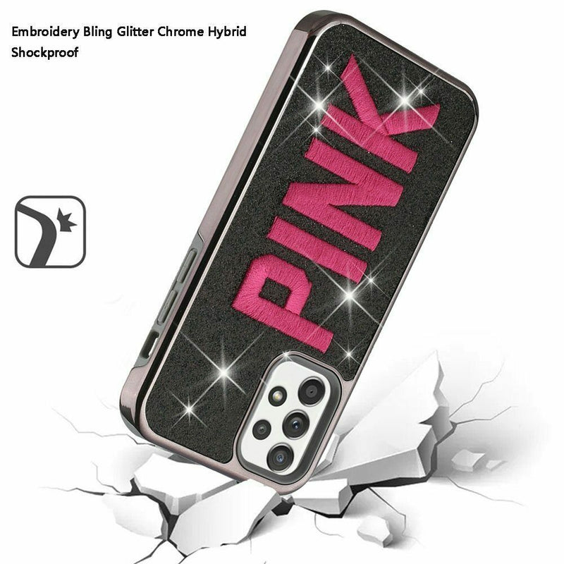 For Samsung Galaxy A52 5G Embroidery Bling Glitter Chrome Case Pink On Black