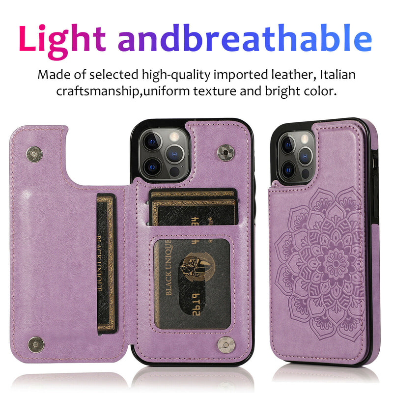 For Apple Iphone Xr Card Id Holder Pu Leather Light Purple Mandala Flower