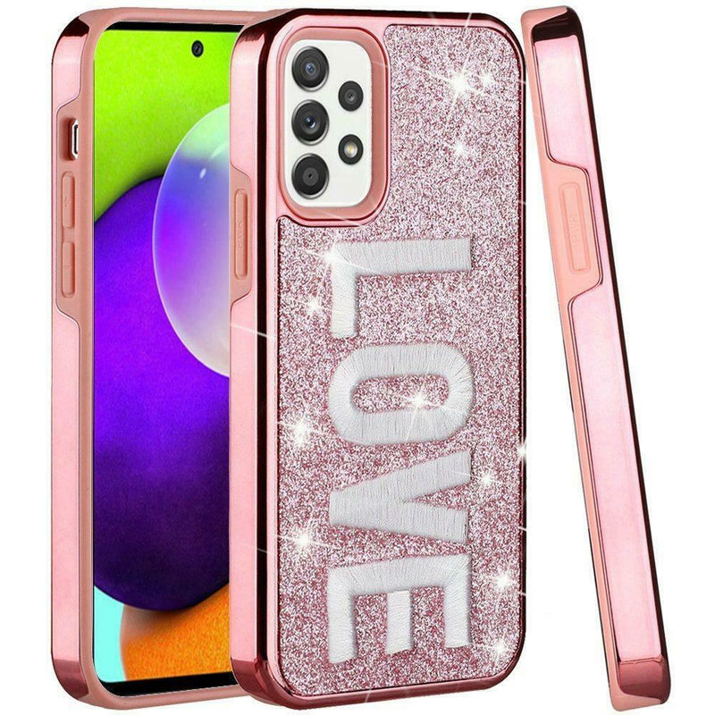 For Samsung Galaxy A52 5G Embroidery Bling Glitter Chrome Case Love On Pink