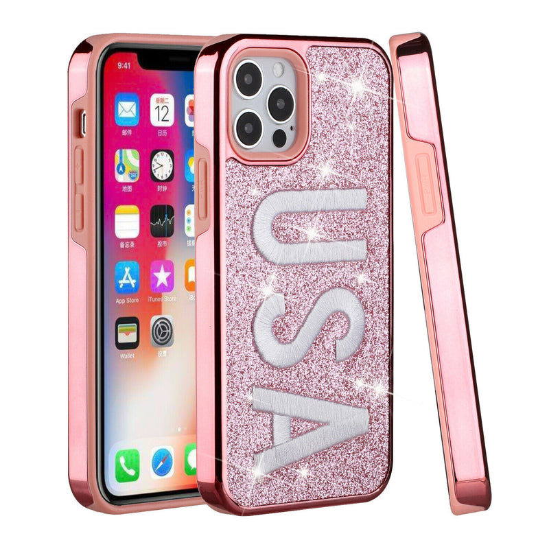 For Apple Iphone 11 Pro Max Xs Max Embroidery Bling Glitter Chrome U S A On Pink