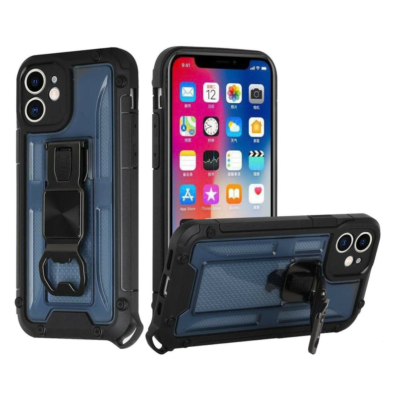 For Iphone 12 Pro Opener Metal Magnetic Kickstand Hybrid Case Cover Dark Blue