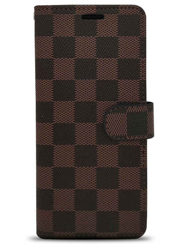 Brown Checker Rfid Pu Leather Folio Wallet Phone Case For Samsung Galaxy S20