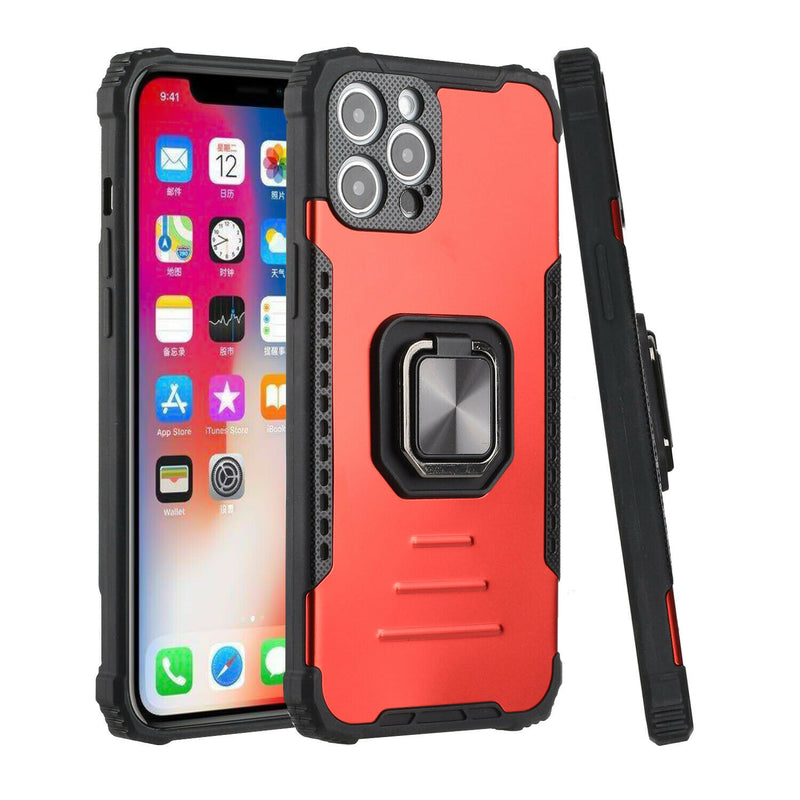 For Iphone 12 Pro Alloy Magnetic Ringstand Tough Hybrid Case Cover Red