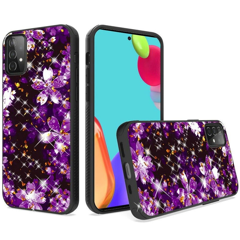 For Samsung Galaxy A52 5G Glitter Printed Design Hybrid Cover Case Purple Flower