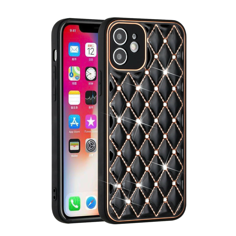For Iphone 12 Royal Electroplated Diamond Bling Premium Hybrid Case Cover Black