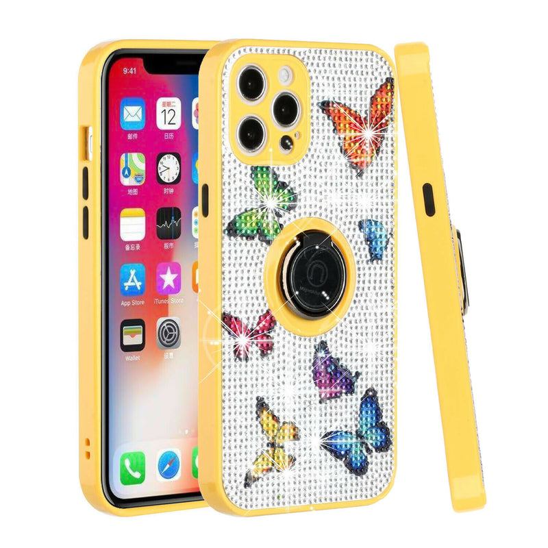 For Iphone 12 Pro Crystal Diamond Bling Magnetic Ring Stand Case Butterfly V