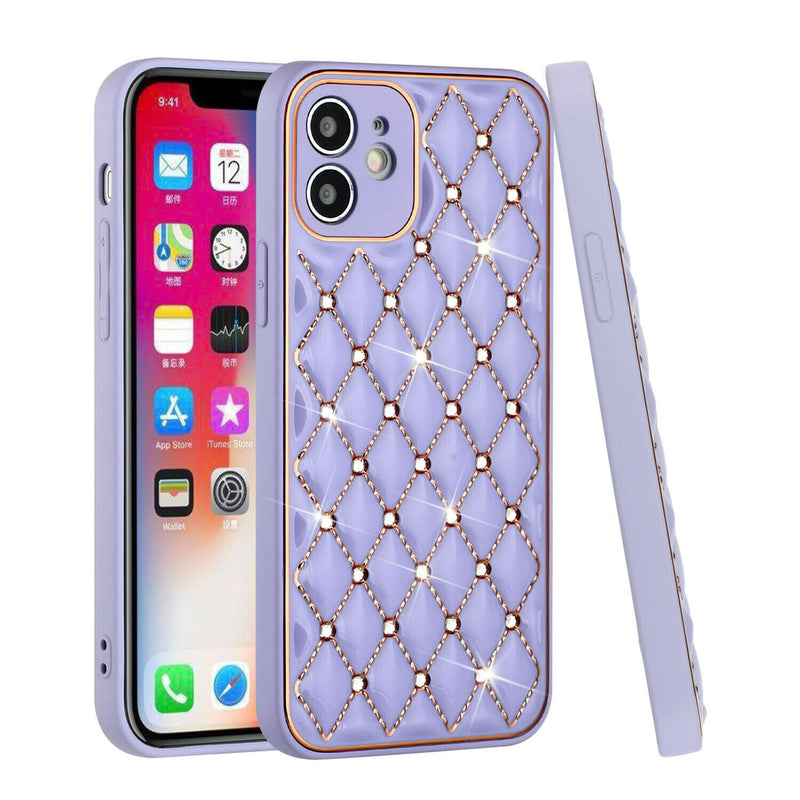 For Iphone 12 Royal Electroplated Diamond Bling Premium Hybrid Case Cover Purple