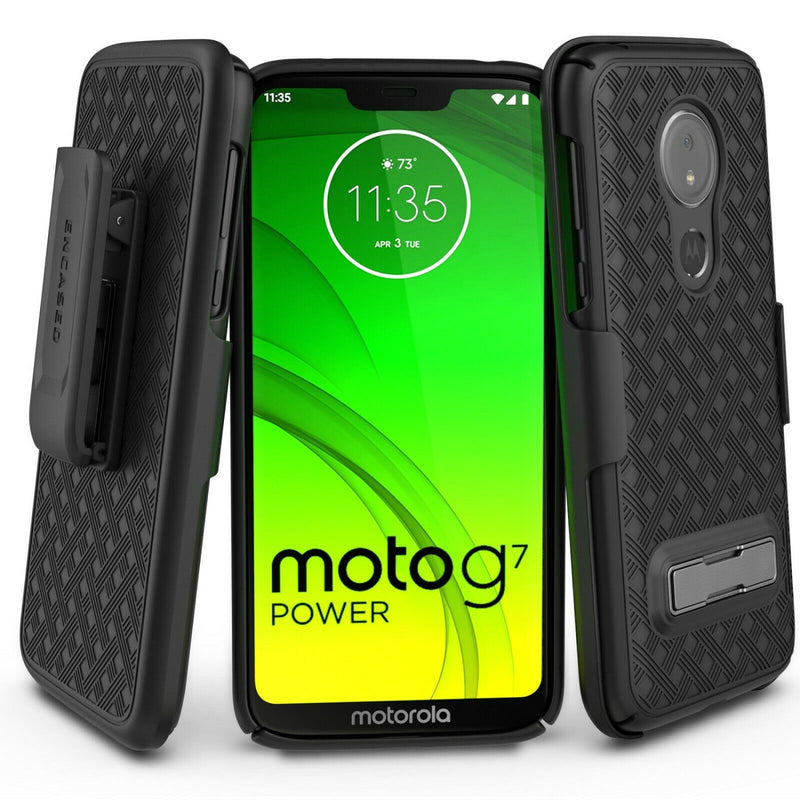 For Moto G7 Power Case With Kickstand Belt Clip Holster Thin Cover Black
