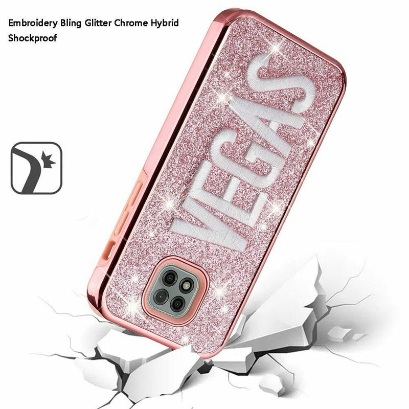 For Moto G Power 2021 Embroidery Bling Glitter Chrome Case Cover Vegas On Pink
