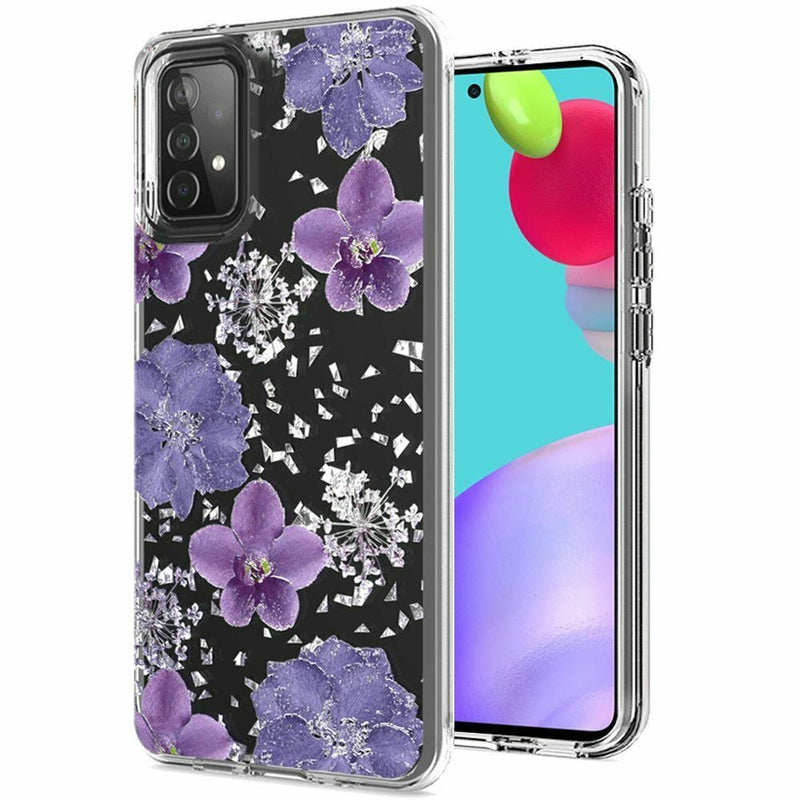 For Samsung Galaxy A52 5G Floral Glitter Design Case Cover Purple Flowers
