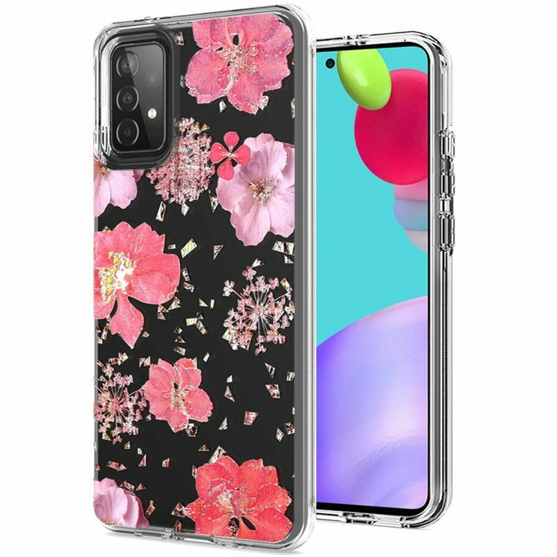 For Samsung Galaxy A52 5G Floral Glitter Design Case Cover Pink Flowers