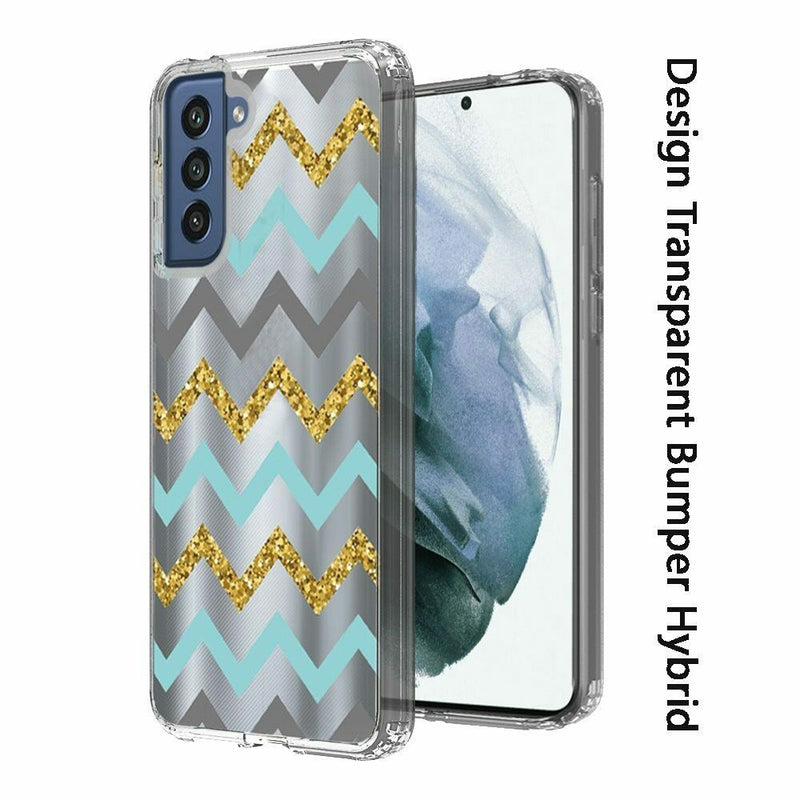 For Samsung Galaxy S21 Fe Transparent Bumper Hybrid Case Cover Teal Gold Zigzag